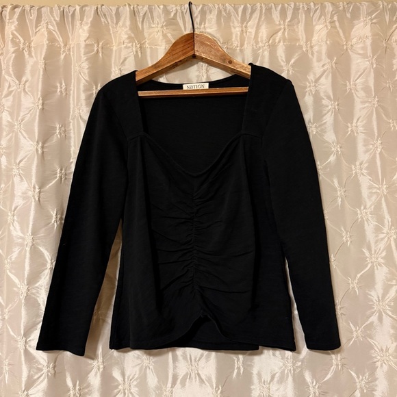 NATION LTD Jet Black Mikaela Top Sweetheart Neckline Shirring 3/4 Sleeves Shirt - Picture 3 of 12